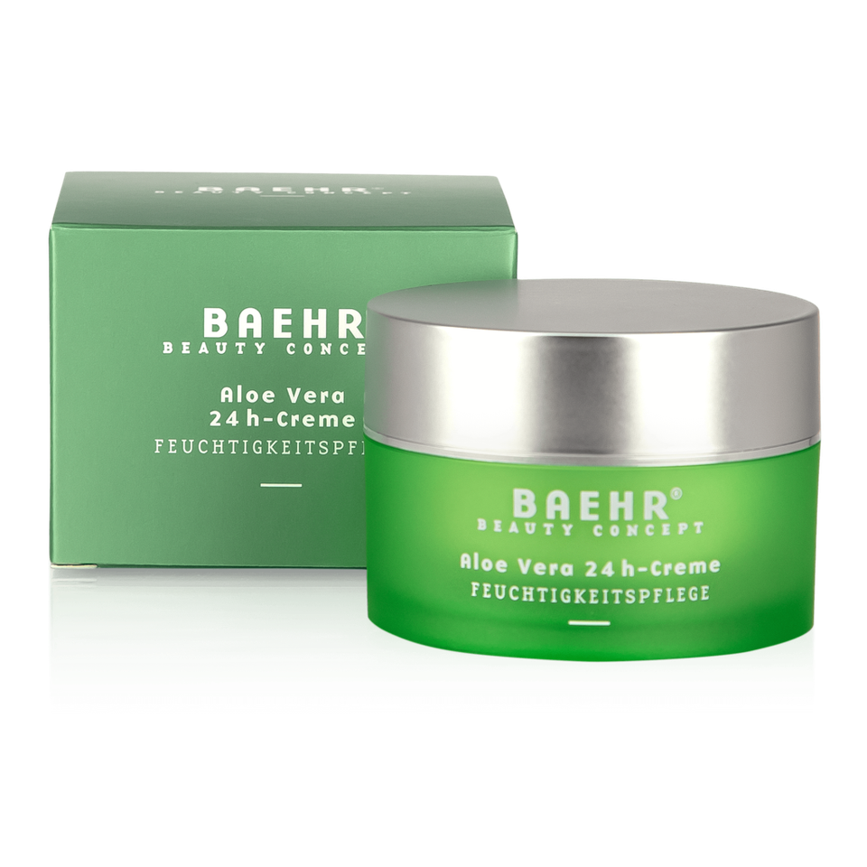Grüner Tiegel und Faltschachtel der BAEHR Aloe Vera 24 h-Creme