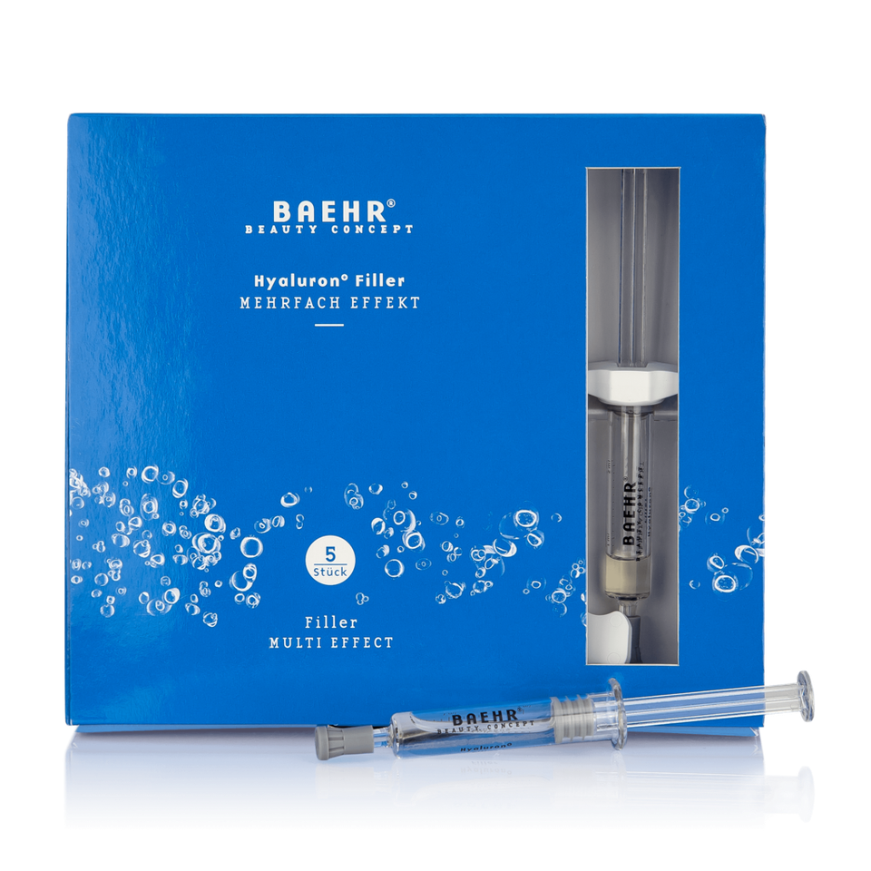 Blaue Faltschachtel des BAEHR Hyaluron+ Fillers mit Dosierspritzen