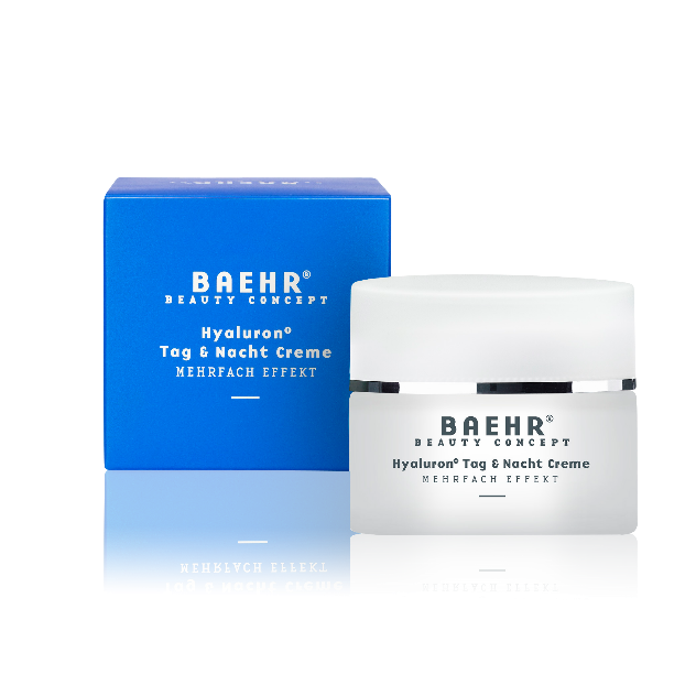 Tiegel und blaue Faltschachtel der BAEHR Hyaluron+ Tag & Nacht Creme